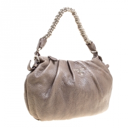 Pre Owned Prada Metallic Grey Cervo Leather Chain Hobo