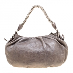 Pre Owned Prada Metallic Grey Cervo Leather Chain Hobo