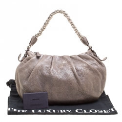 Pre Owned Prada Metallic Grey Cervo Leather Chain Hobo