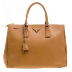 Pre Owned Prada Caramel Saffiano Lux Leather Large Double Zip Tote