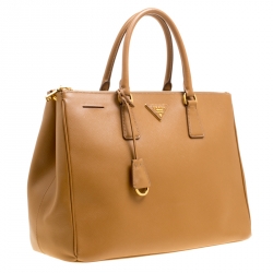Pre Owned Prada Caramel Saffiano Lux Leather Large Double Zip Tote