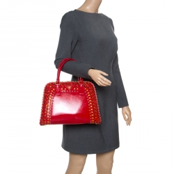 Pre Owned Prada Blush Pink/Red Patent Leather Pyramid Frame Top Handle Bag