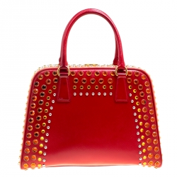 Pre Owned Prada Blush Pink/Red Patent Leather Pyramid Frame Top Handle Bag