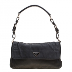 Pre Owned Prada Black Nylon and Leather Flap Shoulder Bag