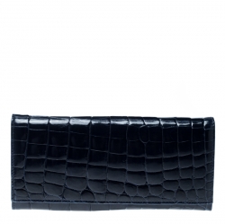 Pre Owned Prada Blue Croc Embossed Leather Continental Wallet 