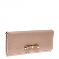 Pre Owned Prada Beige Saffiano Leather Bow Continental Wallet