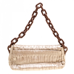 Pre Owned Prada Metallic Beige Leather Gaufre Chain Shoulder Bag
