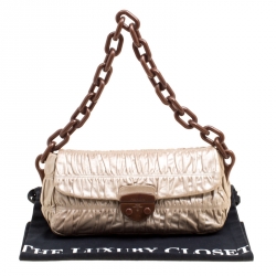 Pre Owned Prada Metallic Beige Leather Gaufre Chain Shoulder Bag