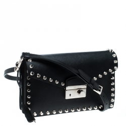Pre Owned Prada Black Leather Studded Shoulder Bag