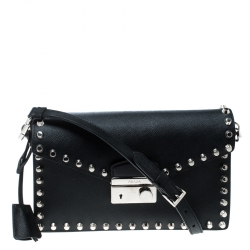 Pre Owned Prada Black Leather Studded Shoulder Bag