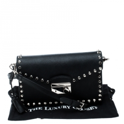 Pre Owned Prada Black Leather Studded Shoulder Bag