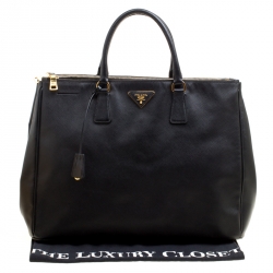 Pre Owned Prada Black Saffiano Lux Leather Executive Double Zip Tote