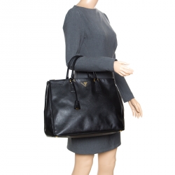 Pre Owned Prada Black Saffiano Lux Leather Executive Double Zip Tote