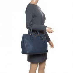 Pre Owned Prada Blue Vitello Daino Leather Double Zip Top Handle Bag