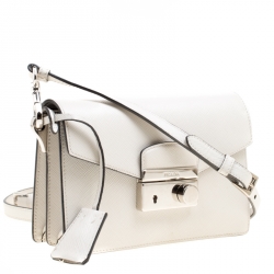 Pre Owned Prada Off White Saffiano Leather Mini Sound Crossbody Bag