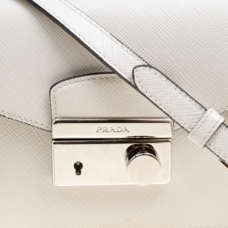 Pre Owned Prada Off White Saffiano Leather Mini Sound Crossbody Bag