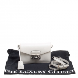 Pre Owned Prada Off White Saffiano Leather Mini Sound Crossbody Bag