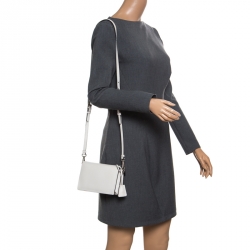 Pre Owned Prada Off White Saffiano Leather Mini Sound Crossbody Bag