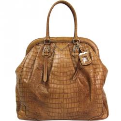 Pre Owned Prada Brown Croc Embossed Leather Satchel Bag