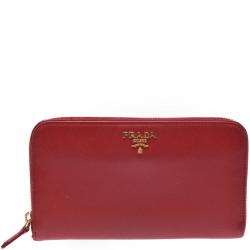 Pre Owned Prada Red Saffiano Leather Zip Around Wallet