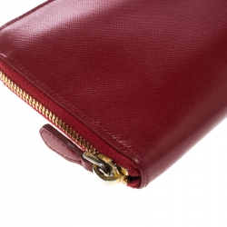 Pre Owned Prada Red Saffiano Leather Zip Around Wallet
