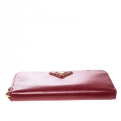 Pre Owned Prada Red Saffiano Leather Zip Around Wallet