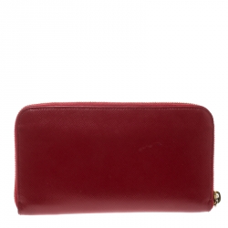 Pre Owned Prada Red Saffiano Leather Zip Around Wallet