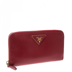 Pre Owned Prada Red Saffiano Leather Zip Around Wallet
