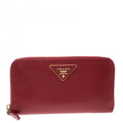 Pre Owned Prada Red Saffiano Leather Zip Around Wallet