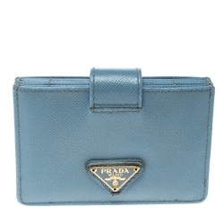 Pre Owned Prada Powder Blue Saffiano Oro Leather Accordion Card Holder