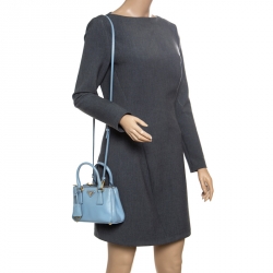 Pre Owned Prada Pale Blue Saffiano Lux Leather Mini Double Zip Top Handle Shoulder Bag