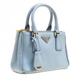 Pre Owned Prada Pale Blue Saffiano Lux Leather Mini Double Zip Top Handle Shoulder Bag