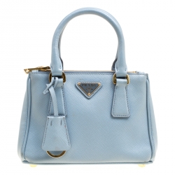 Pre Owned Prada Pale Blue Saffiano Lux Leather Mini Double Zip Top Handle Shoulder Bag