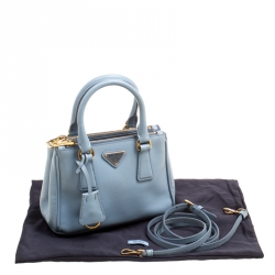 Pre Owned Prada Pale Blue Saffiano Lux Leather Mini Double Zip Top Handle Shoulder Bag