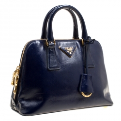 Pre Owned Prada Royal Blue Saffiano Vernic Patent Leather Small Promenade Top Handle Shoulder Bag