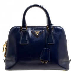 Pre Owned Prada Royal Blue Saffiano Vernic Patent Leather Small Promenade Top Handle Shoulder Bag