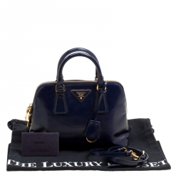 Pre Owned Prada Royal Blue Saffiano Vernic Patent Leather Small Promenade Top Handle Shoulder Bag