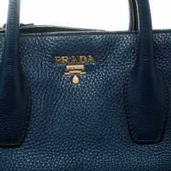 Pre Owned Prada Dark Blue Vitello Daino Leather Shopper Tote