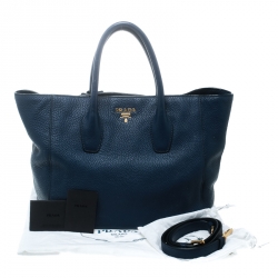 Pre Owned Prada Dark Blue Vitello Daino Leather Shopper Tote