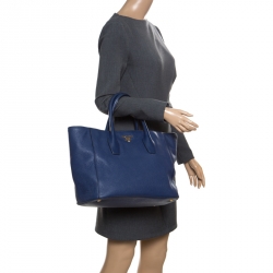 Pre Owned Prada Dark Blue Vitello Daino Leather Shopper Tote