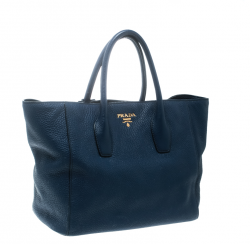 Pre Owned Prada Dark Blue Vitello Daino Leather Shopper Tote