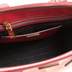 Pre Owned Prada Red/Black Saffiano Lux Leather Medium Double Zip Tote
