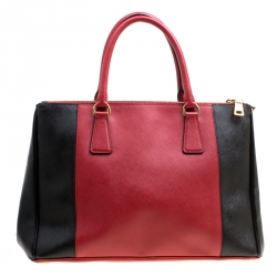Pre Owned Prada Red/Black Saffiano Lux Leather Medium Double Zip Tote