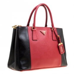Pre Owned Prada Red/Black Saffiano Lux Leather Medium Double Zip Tote