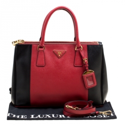 Pre Owned Prada Red/Black Saffiano Lux Leather Medium Double Zip Tote