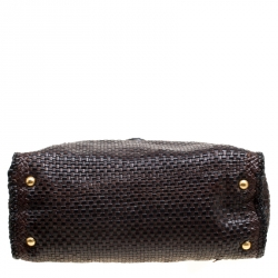 Pre Owned Prada Brown Woven Leather Madras Top Handle Bag