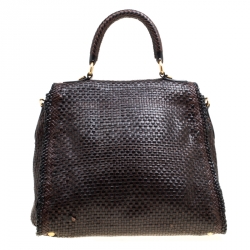 Pre Owned Prada Brown Woven Leather Madras Top Handle Bag