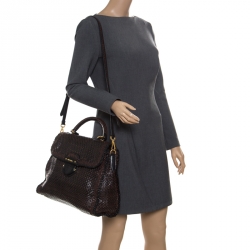 Pre Owned Prada Brown Woven Leather Madras Top Handle Bag