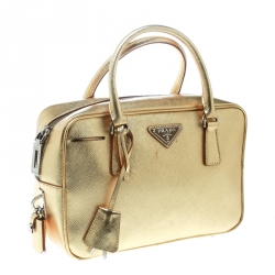 Pre Owned Prada Gold Saffiano Lux Leather Bauletto Satchel