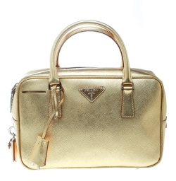 Pre Owned Prada Gold Saffiano Lux Leather Bauletto Satchel